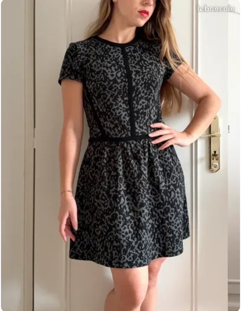 Comptoir Des Cotonniers Black and Gray Leopard Print Short Sleeve Dress Size L